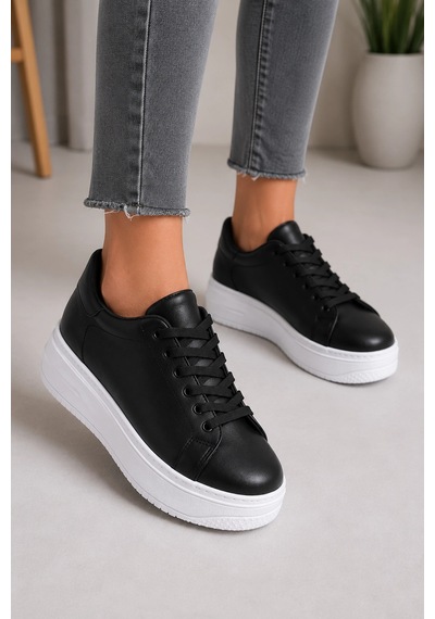 Mevese Sofia Bağcıklı Rahat Taban Kadın Casual Sneaker Ayakkabı - Siyah Beyaz