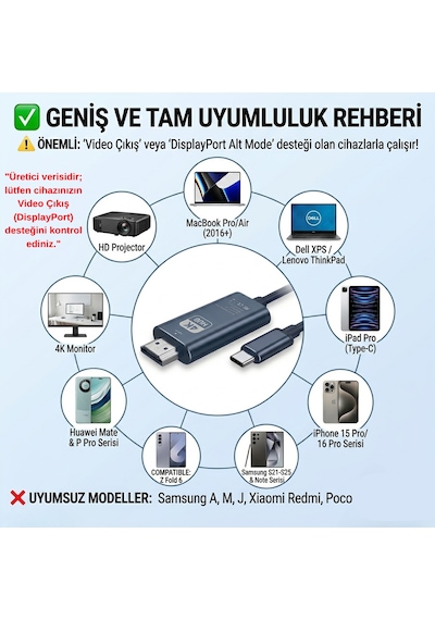 4k Ultra Hd Type-c To Hdmı Görüntü Aktarım Kablosu - 1.8 Metre Alüminyum Gövde Tak Çalıştır