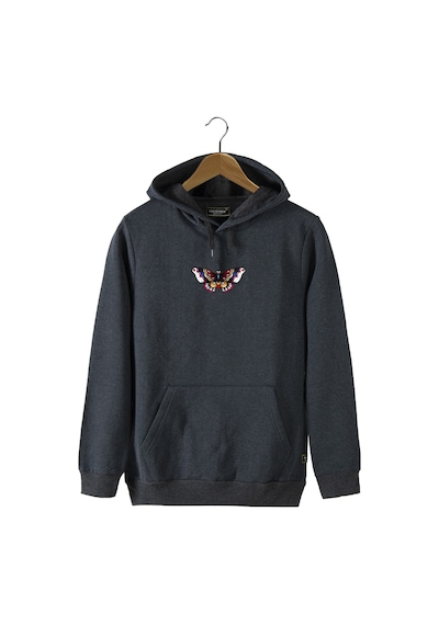 Unisex Füme Kapüşonlu Önü Kelebek Baskılı Slim Fit Kanguru Cepli Sweatshirt Füme
