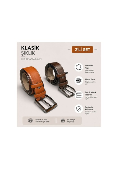 Recossa Erkek Klasik Kemer Kumaş 2'li Set Kahverengi - Taba Kahverengi - Taba