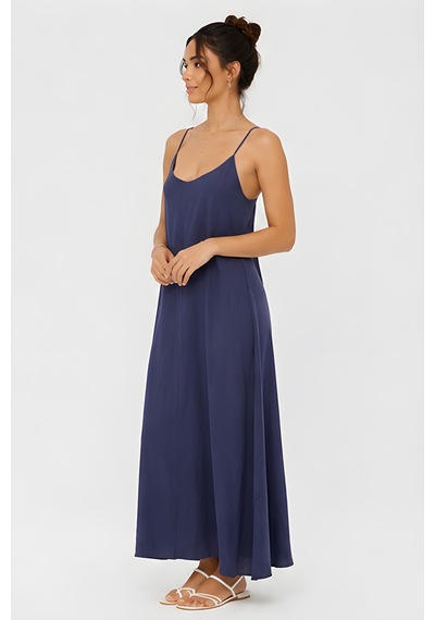 Lili Woman Kadın İnce Askılı Rahat Kalıp Tencel Uzun Elbise P.1717 Lacivert
