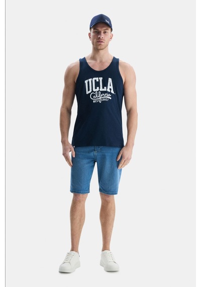 Ucla Pebble Lacivert Sıfır Kol Baskılı Oversize Erkek Tshirt Lacivert