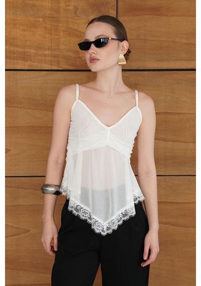 Verymoda D 2979 Askılı Dantel Detaylı Tül Bluz - D2979 Krem