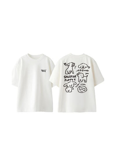 Thewert Saltfish Puppy Tasarım Sırt Baskılı Pamuk Beyaz Oversize T-shirt