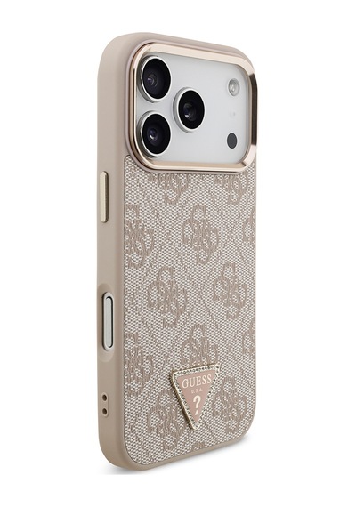 Apple Uyumlu iPhone 17 Pro Kılıf Guess Lisanslı M-safeli Gold Kamera Çerçeveli Taşlı Üçgen Logo 4g Desenli Pembe Pembe