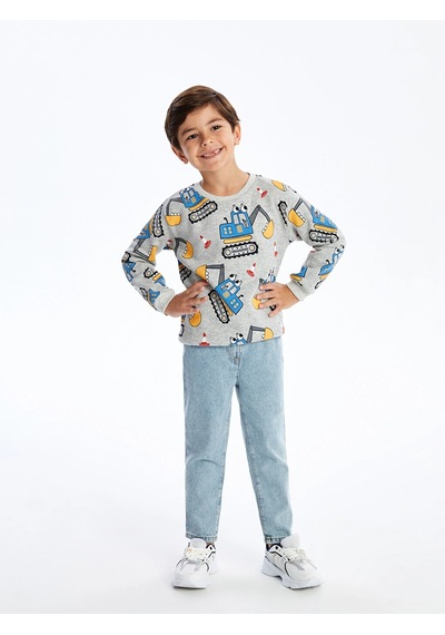 LC Waikiki Lcw Baby Bisiklet Yaka Uzun Kollu Baskılı Erkek Bebek Sweatshirt Gri
