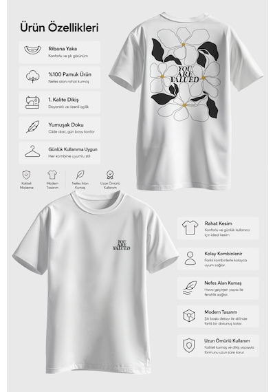 Spoyi Değer Çiçeği Tasarımlı %100 Pamuk Yarım Oversize Beyaz T-shirt