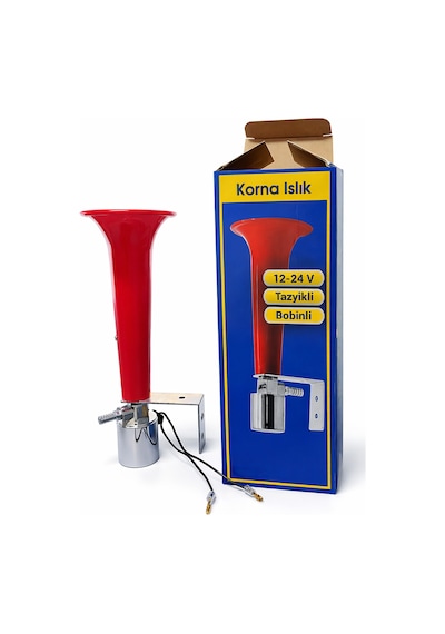 Mega Oto Market 12-24v Tazyikli Bobinli Korna Islık Yüksek Sesli Evrensel Araç Kornası, Kırmızı Metal Gövde