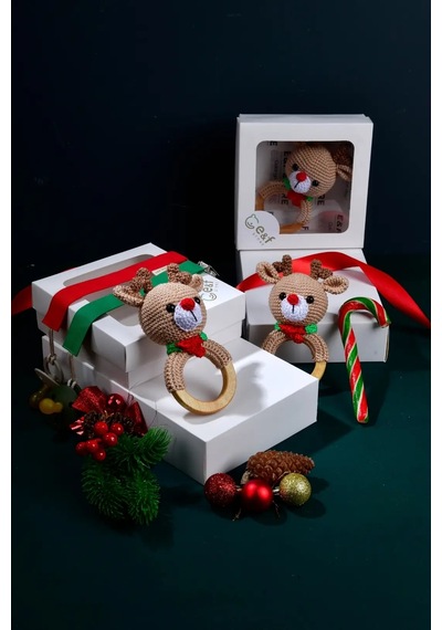 E&f Store Amigurumi Geyik Çıngırak Ve Emzik Askısı Yılbaşı Seti Çok Renkli