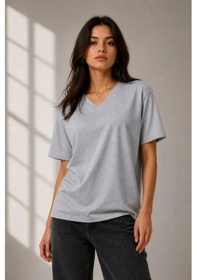 İkales V Yaka Basic Tişört Kısa Kol Yazlık Regular Fit T-shirt - Gri