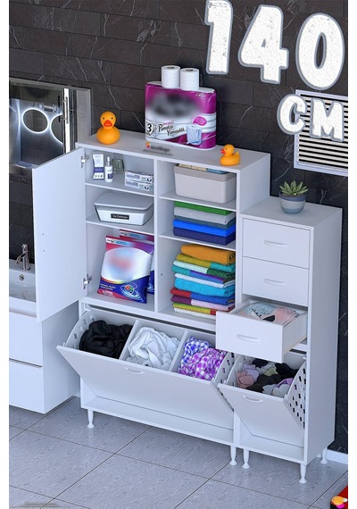 Ohbe 90 + 50cm Genişlik 160cm Boy 32,5cm Derinlik Kirli Sepetli 1 Kapak 3 Çekmeceli Çok Amaçlı Banyo Dolabı Beyaz Ohbe 90 + 50cm Genişlik 160cm Boy 32,5cm Derinlik Kirli Sepetli 1 Kapak 3 Çekmeceli Çok Amaçlı Banyo Dolabı Beyaz