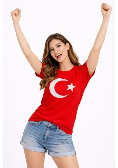 Defymoda T-shirt Kısa Kol Bisiklet Yaka Ay Yıldız Bayrak Baskılı Tişört - Kırmızı