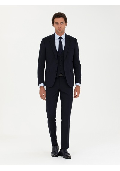 Cacharel Lacivert Slim Fit Yün Karışımlı Yelekli Takım Elbise