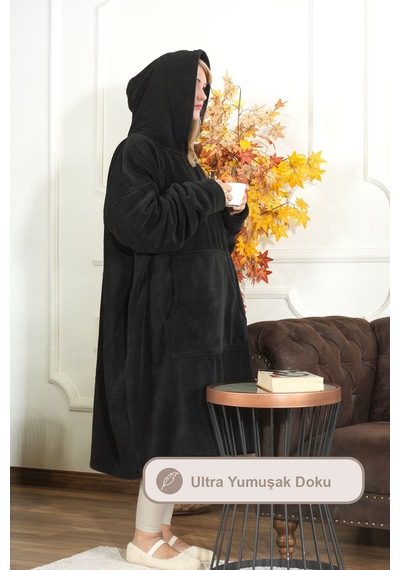 Elart Enjoy Tv Battaniyesi Wellsoft Kapüşonlu Giyilebilir Unisex Over Size 80x110 Cm Siyah Siyah