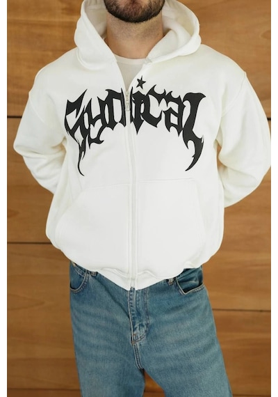 Novalisse Erkek Kapüşonlu 3 İplik Şardonlu Önü Baskılı Fermuarlı Oversize Sweatshirt - Beyaz Çoklu Renk