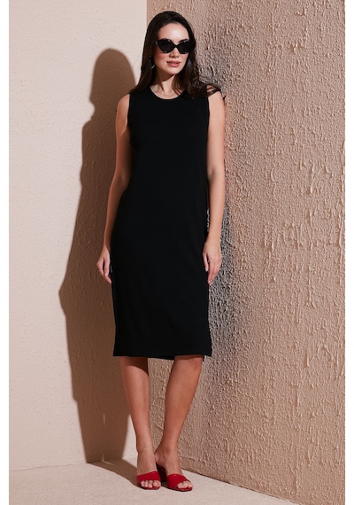 Lela Regular Fit Bisiklet Yaka Yırtmaç Detaylı Basic Midi Bayan Elbise 5866160 Siyah