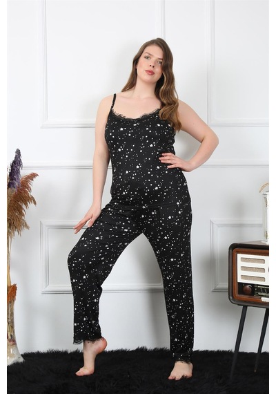 Akbeniz Kadın Büyük Beden Siyah İp Askılı Pijama Takım 202198 Çok Renkli
