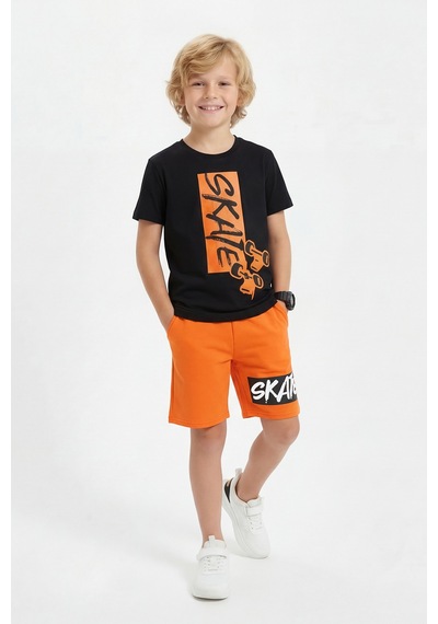 Panios Kids Yuvarlak Yaka Skate Baskı Detaylı Yazlık Erkek Çocuk Alt Üst Takım Turuncu