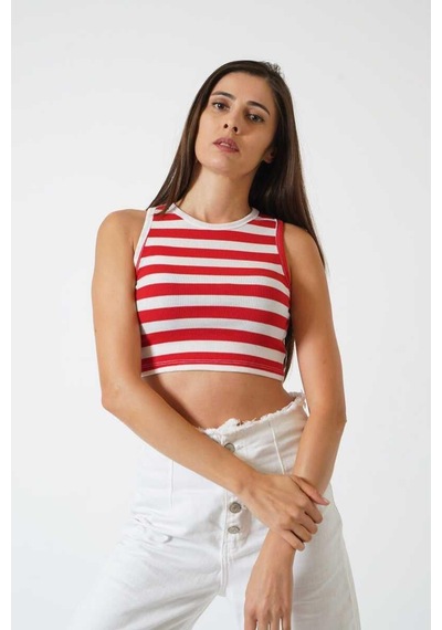 Ckm Moda Adrian Yüksek Kalite Kadın Yuvarlak Yaka Çizgili Crop Bluz Kırmızı