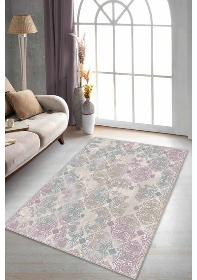 Pembe Turkuaz Damask Desen Kaymaz Taban Dekoratif Halı Al009n11 Pembe - Turkuaz