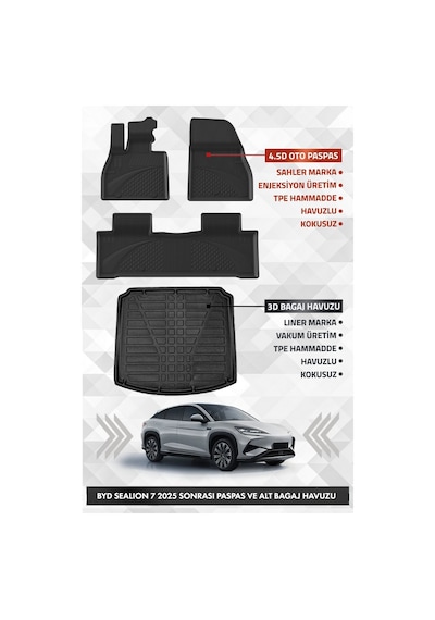 Byd Sealion 7 2025 Ve Sonrası Uyumlu 4.5d Premium Havuzlu Oto Paspas Ve Lıner Alt Bagaj Havuzu Set