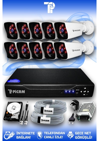 Picam 10 Kameralı Kare 10 Dış Kamera Set 500 GB HDD Full HD Gece Görüşlü Güvenlik Kamerası Sistemi