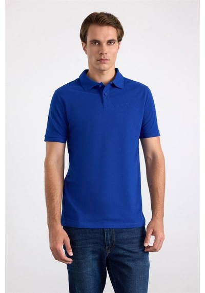 Süvari Saks Mavi Slim Düz Nakışlı Pike Düğmeli Polo Yaka Tişört Ts1014000474-m05