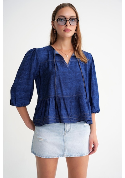 Mixray 4704 Kadın Fırfırlı Balon Kol Kısa Denim Bluz Lacivert