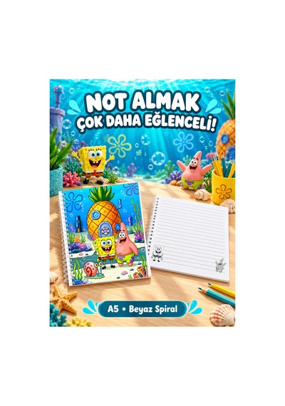 Sünger Bob A5 Spiralli Defter 60 Yaprak 120 Sayfa Çizgili Not Defteri Çok Renkli