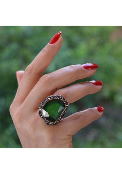 Stoneage Yeşil Kristal Ayarlanabilir Bayan  Yüzük Bronz
