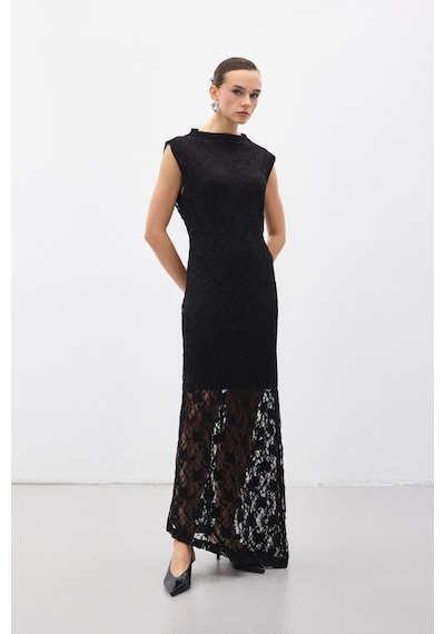 Sateen Dantel Kolsuz Elbise - Siyah-137060 Siyah