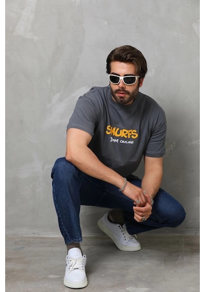 Novalisse Erkek Kısa Kol Yazlık Tişört Bisiklet Yaka Baskılı Oversize T-shirt - Füme Çoklu Renk