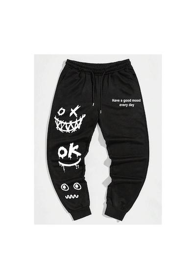 Tarzsokak Cartoon & Slogan Graphic Drawstring Waist Eşofman Altı Siyah
