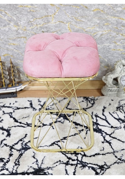 Zafir Kare Gold Kaplama Pembe Puf Oturak - Bench - Ayak Ucu Oturak - Tabure - Makyaj Oturak Pembe