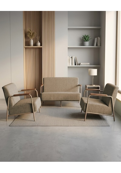 Atlas 2+1+1 Dokuma Kumaş Ofis Cafe Bekleme Koltuk Takımı Cappuccino Metal Bej