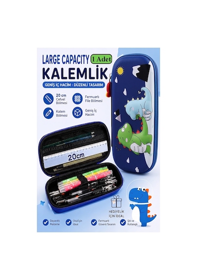 Dinazor Kabartmalı Bölmeli Kalemlik 1 Adet P-5953 Erkek Çocuk Okul Kalem Kutusu 3 Boyutlu Sevimli Karikatür Hediyelik Yeşil
