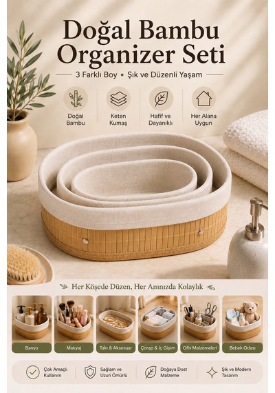 3'lü Bambu Organizer Sepeti İçi Kumaş Mutfak Banyo Dolap İçi Düzenleyici Sepetleri