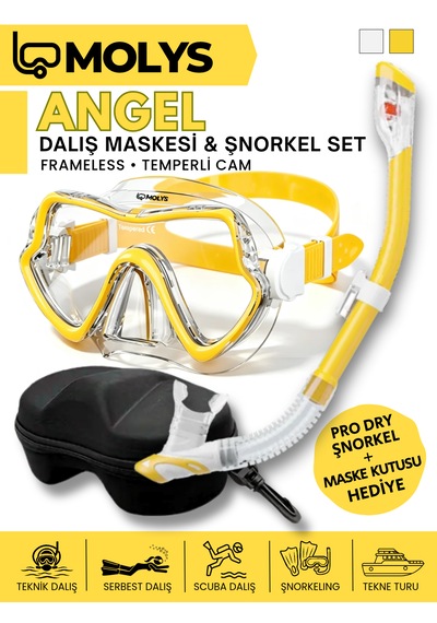 Molys Angel Dalış Maskesi + Antı Fog Buğu Önleyici Film + Pro Full Dry Tam Kuru Şnorkel + Maske Koruma Kutusu Set Halinde Siyah - Pembe Sarı - Şeffaf