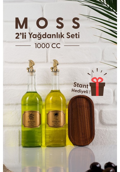 Moss 2'li Ahşap Stantlı Damlatmaz Zeytinyağı Sıvıyağ Şişesi Cam Yağdanlık Seti 1000 Ml 1000ml