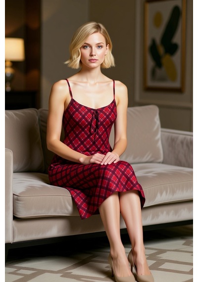 Benerly Kadın Kare Yaka Kolsuz Ekose Desenli Bodycon Kalıp Tül Maxi Elbis Kırmızı