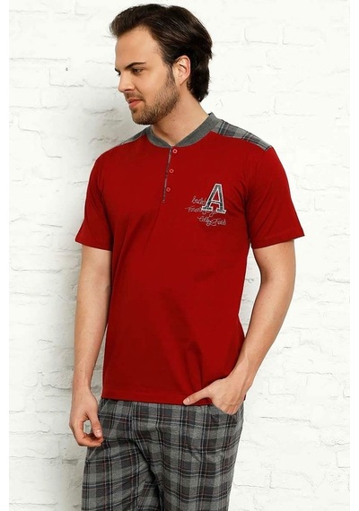 Alimer Erkek Bordo Kısa Kollu Ekoseli Pijama Takımı 1153Kk-B