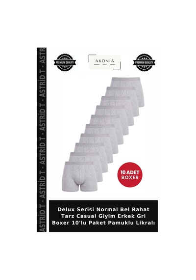 Astrid T Delux Serisi Normal Bel Rahat Tarz Casual Giyim Erkek Gri Boxer 10'lu Paket Pamuklu Likralı