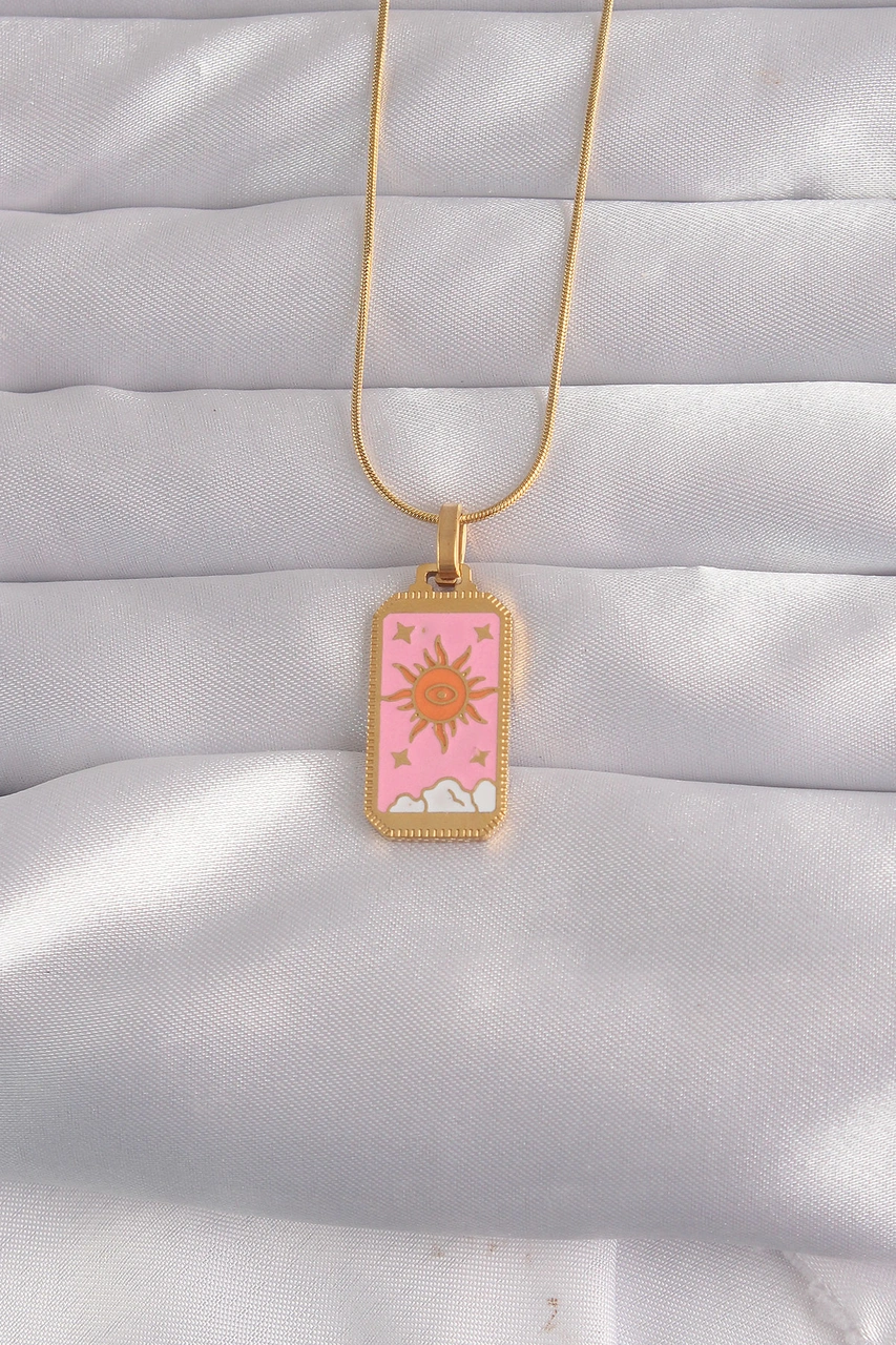 316l Çelik Gold Renk Pembe Mineli Güneş Model Tarot Kolye 03 - Altın