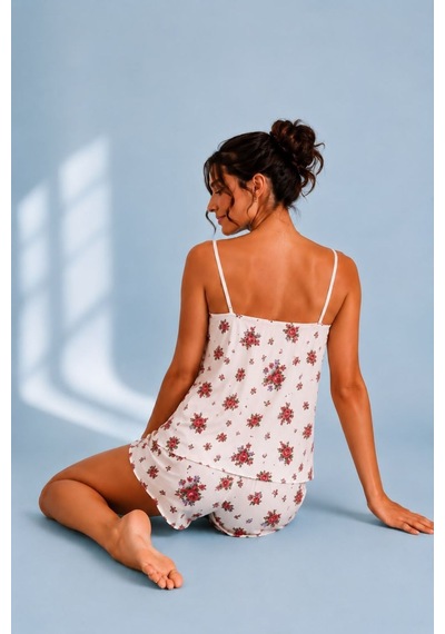 Bella Notte Çiçek Desenli Dantel Detaylı Pijama Takımı Beyaz