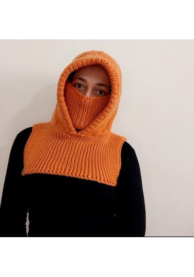 Kemzey Handmade El Yapımı Balaklava, Örgü Şapkalı Boyunluk , Yünlü Şapka Turuncu