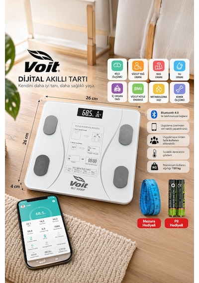 Voit Blt5000 Bluetooth Baskül - Dijital Akıllı Tartı - Yağ Ölçer Tartı - Pil Ve Mezura Hediyeli Tartı - Beyaz