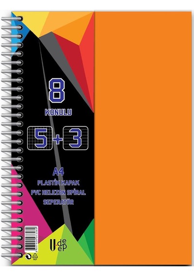 5+3 Ayraçlı Defter 8 Konulu 200 Yaprak 1 Adet 5 Kareli 3 Çizgili Spralli Plastik Kapak Seperatörlü Turuncu