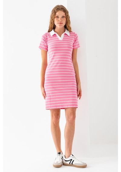 Giysa Kadın Polo Yaka Kısa Kollu Çizgili Elbise Pembe Beyaz - 25538 Pembe - Beyaz