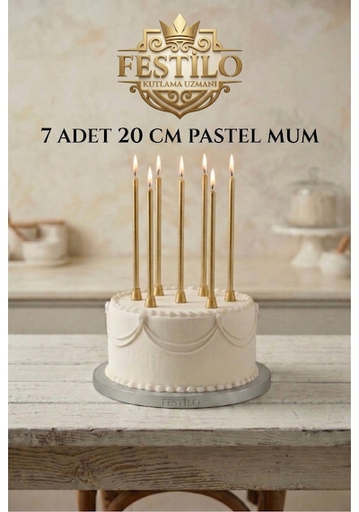 7'li Uzun Mum 20 Cm Pasta Mumu Gold Metalik Renk Parti Malzemeleri Doğum Günü Süsleri