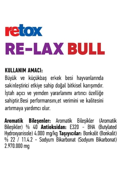 Retox Re-lax Bull Erkek Besi Hayvanları İçin Sakinleştirici 20 Kg